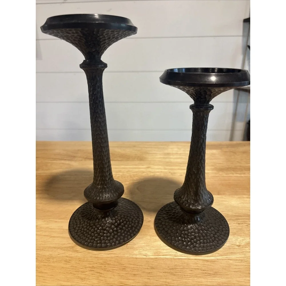 2 Heavy, Hammered Surfaced Pillar Candle Holders, 11